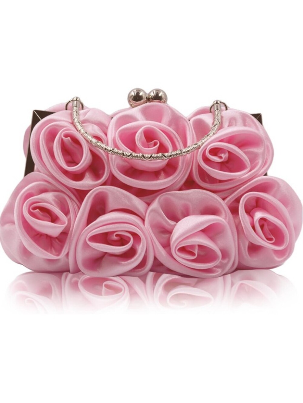 Satin Rose Floral Evening Clutch Bag Rhinestone Handle Wedding Purse Pink